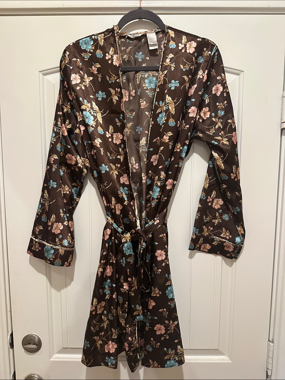 Vintage Adonna Brown Satin Floral Robe with Blue & Pink Blooms